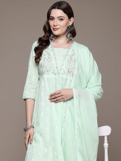 Anarkali style Cotton fabric Green color kurta with Bottom and Dupatta