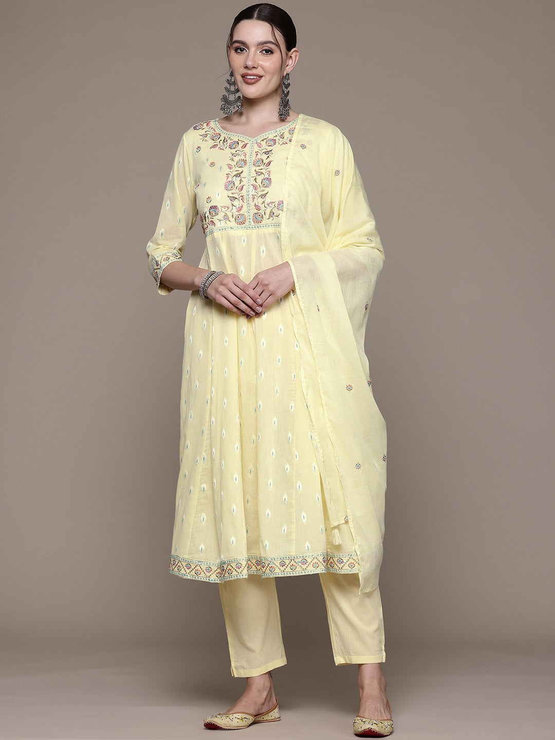 Anarkali style Cotton fabric Yellow color kurta with Bottom and Dupatta