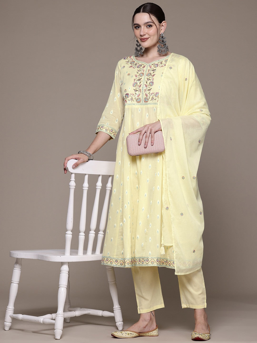 Anarkali style Cotton fabric Yellow color kurta with Bottom and Dupatta