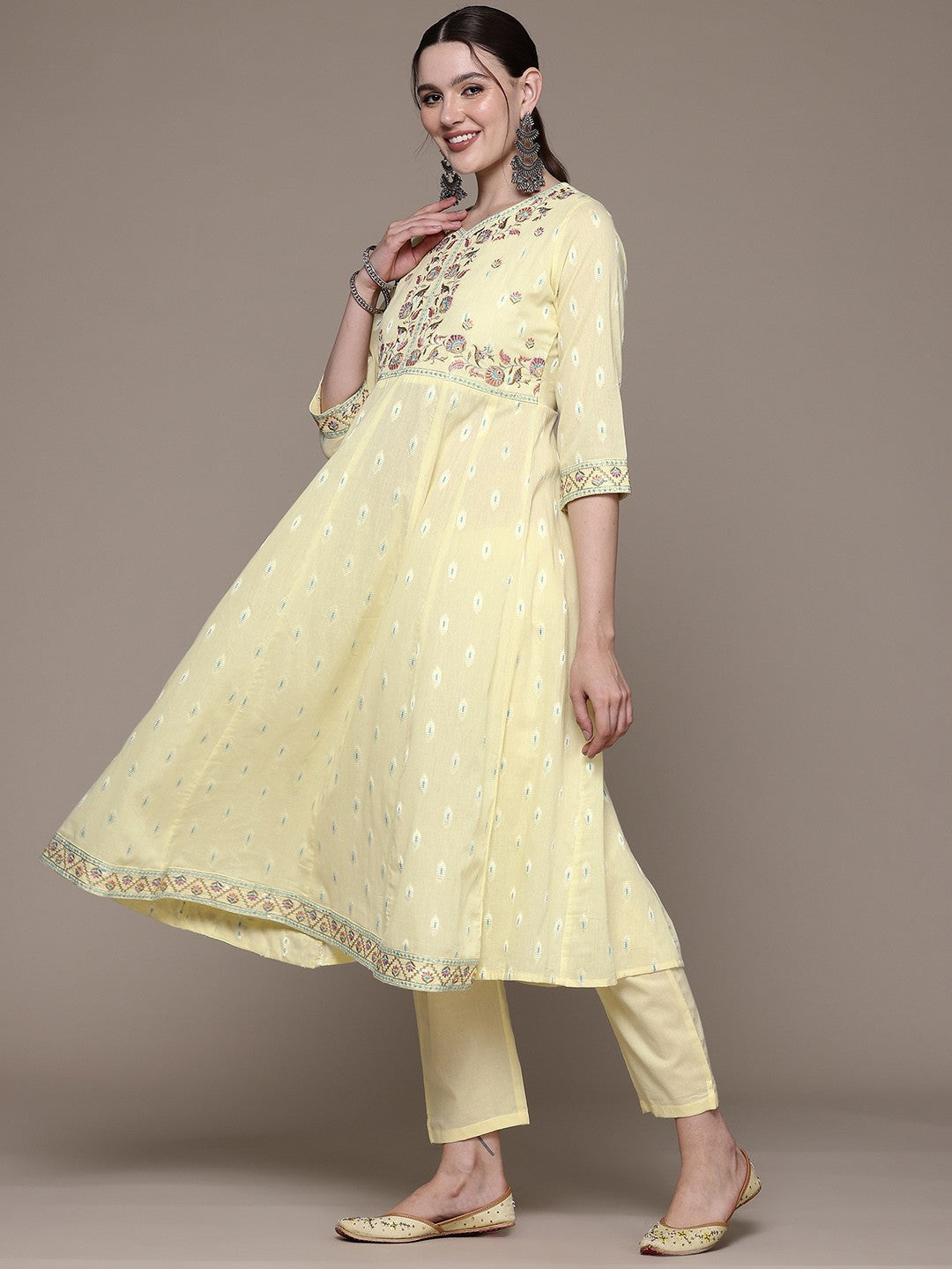 Anarkali style Cotton fabric Yellow color kurta with Bottom and Dupatta