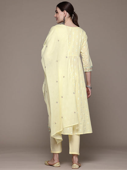 Anarkali style Cotton fabric Yellow color kurta with Bottom and Dupatta