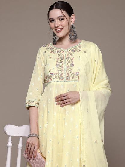 Anarkali style Cotton fabric Yellow color kurta with Bottom and Dupatta