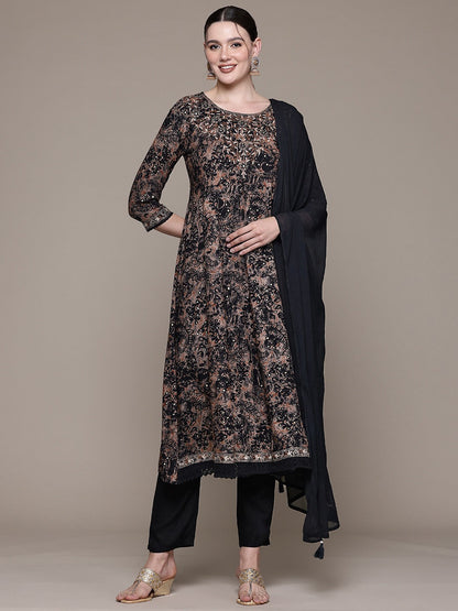 Anarkali style Rayon fabric Black color kurta with Bottom and Dupatta