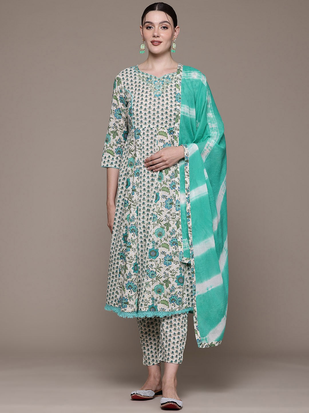 Anarkali style Cotton fabric Sea Green color kurta with Bottom and Dupatta