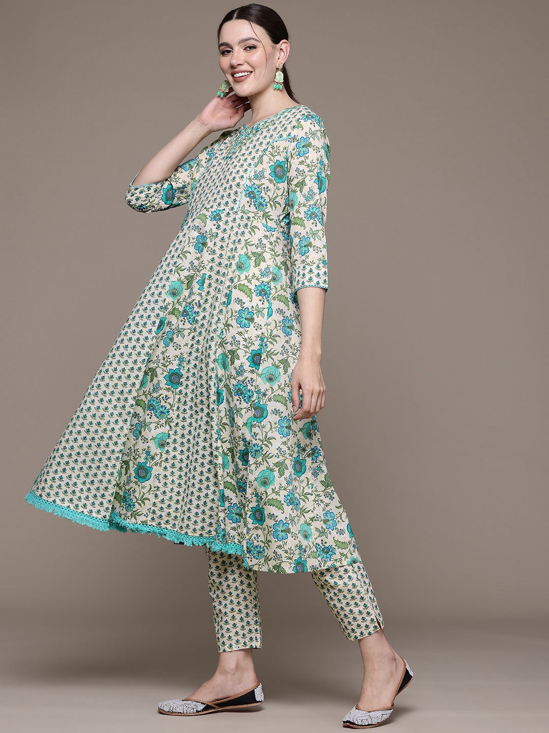 Anarkali style Cotton fabric Sea Green color kurta with Bottom and Dupatta