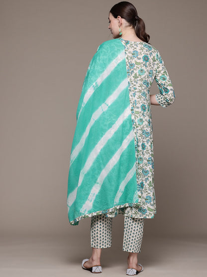 Anarkali style Cotton fabric Sea Green color kurta with Bottom and Dupatta