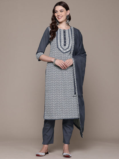 Straight style Cotton fabric Grey color kurta with Bottom and Dupatta