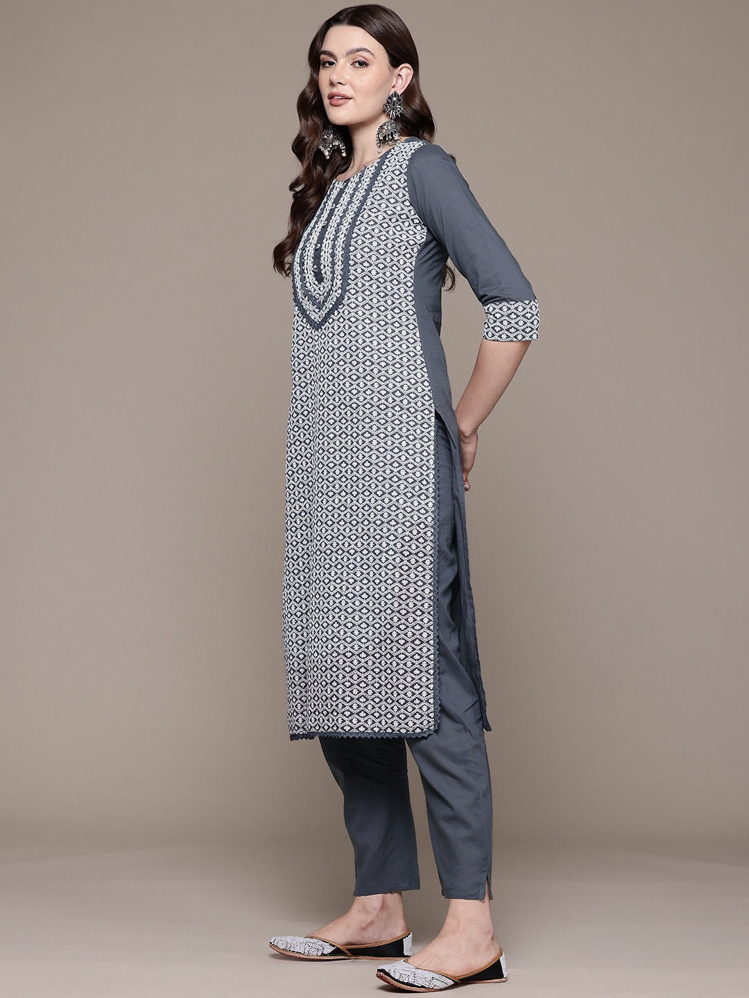 Straight style Cotton fabric Grey color kurta with Bottom and Dupatta