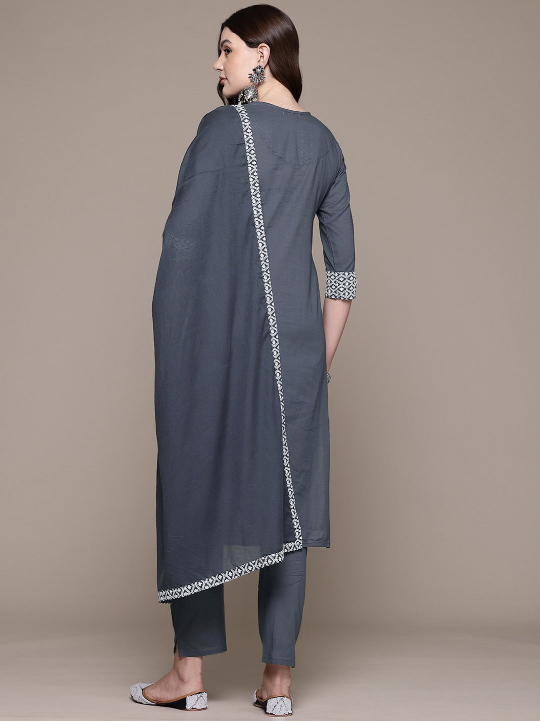 Straight style Cotton fabric Grey color kurta with Bottom and Dupatta