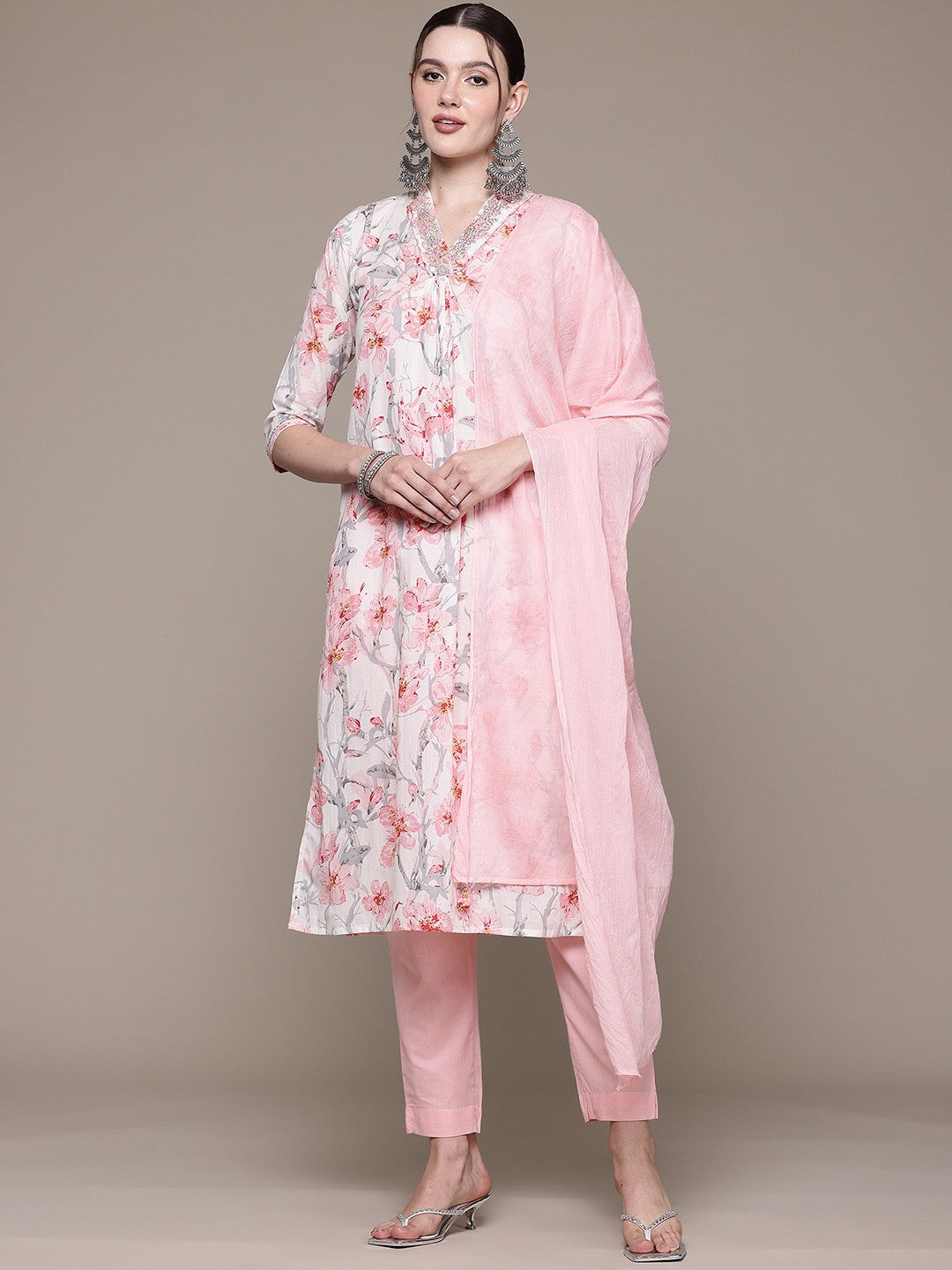 Straight style Cotton fabric Pink color kurta with Bottom and Dupatta