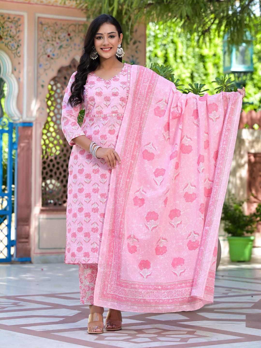 Straight Style Cotton Fabric Pink Color Embroidered Floral Printed Kurti With Palazzo And Dupatta