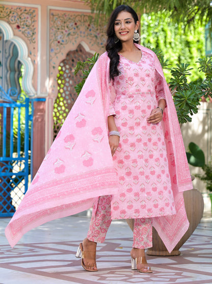 Straight Style Cotton Fabric Pink Color Embroidered Floral Printed Kurti With Palazzo And Dupatta