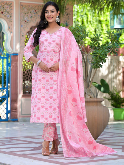 Straight Style Cotton Fabric Pink Color Embroidered Floral Printed Kurti With Palazzo And Dupatta