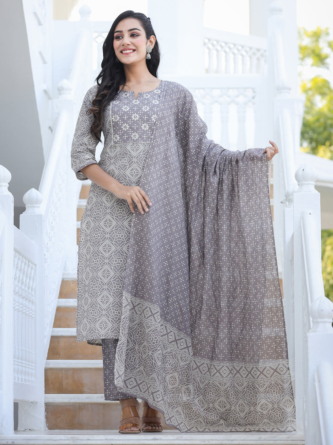 Straight Style Cotton Fabric Grey Color Embroidered Printed Kurti With Palazzo And Dupatta