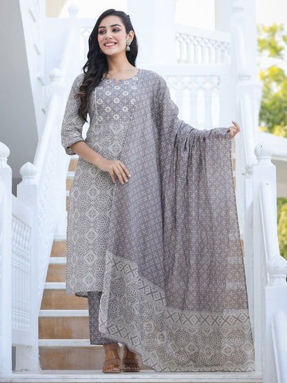 Straight Style Cotton Fabric Grey Color Embroidered Printed Kurti With Palazzo And Dupatta