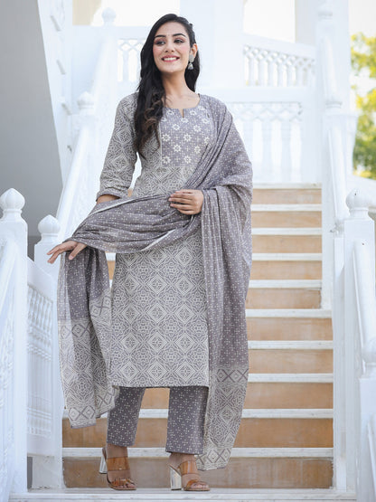 Straight Style Cotton Fabric Grey Color Embroidered Printed Kurti With Palazzo And Dupatta