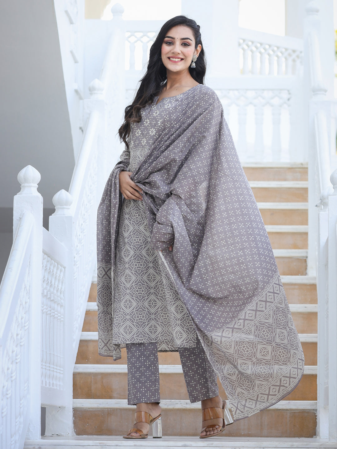 Straight Style Cotton Fabric Grey Color Embroidered Printed Kurti With Palazzo And Dupatta