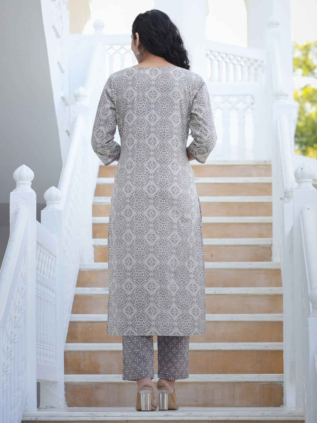 Straight Style Cotton Fabric Grey Color Embroidered Printed Kurti With Palazzo And Dupatta