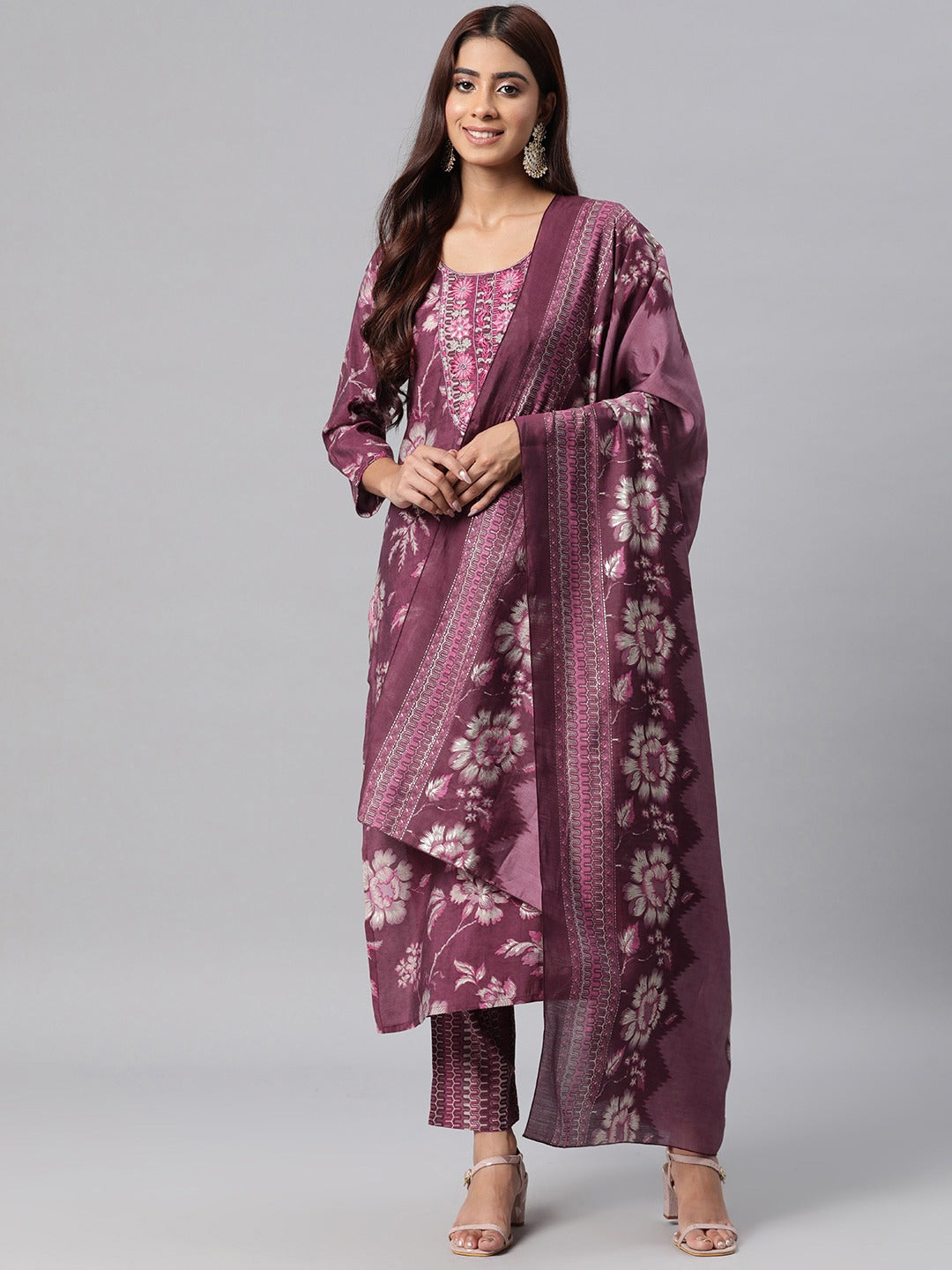 Silk Floral Straight Kurta Pant & Dupatta