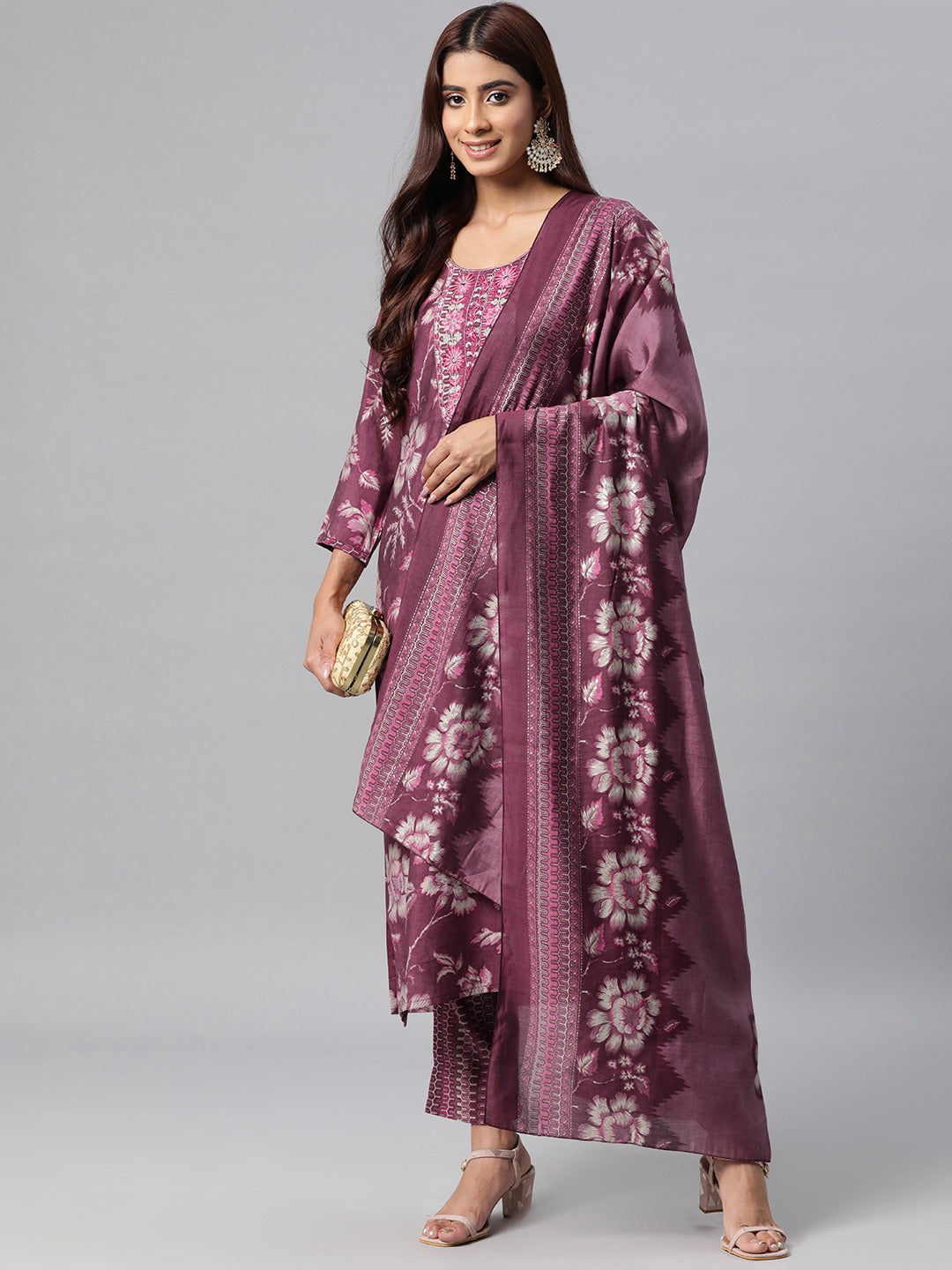 Silk Floral Straight Kurta Pant & Dupatta