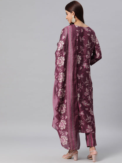 Silk Floral Straight Kurta Pant & Dupatta