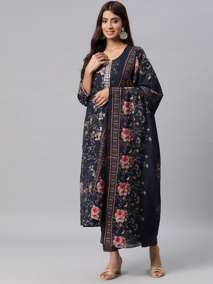 Silk Floral Straight Kurta Pant & Dupatta