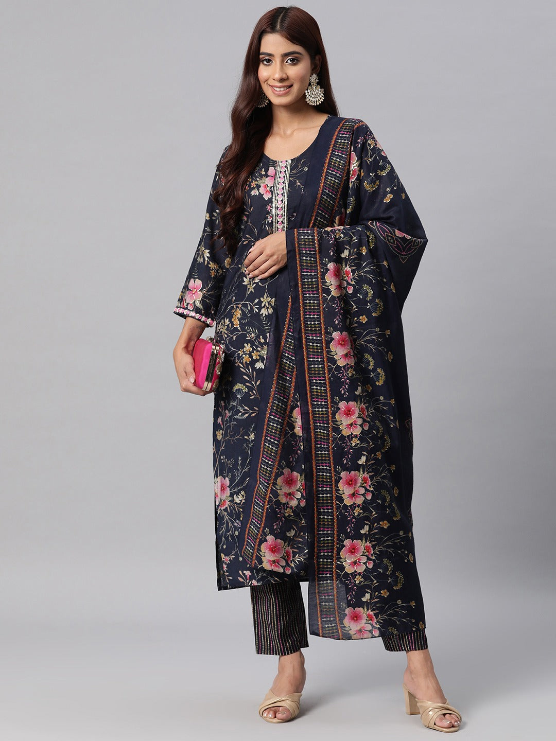 Silk Floral Straight Kurta Pant & Dupatta