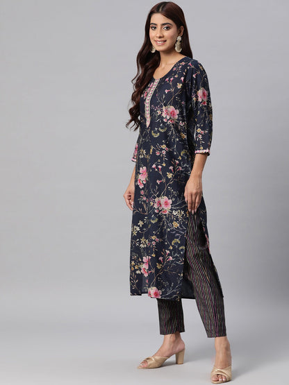 Silk Floral Straight Kurta Pant & Dupatta