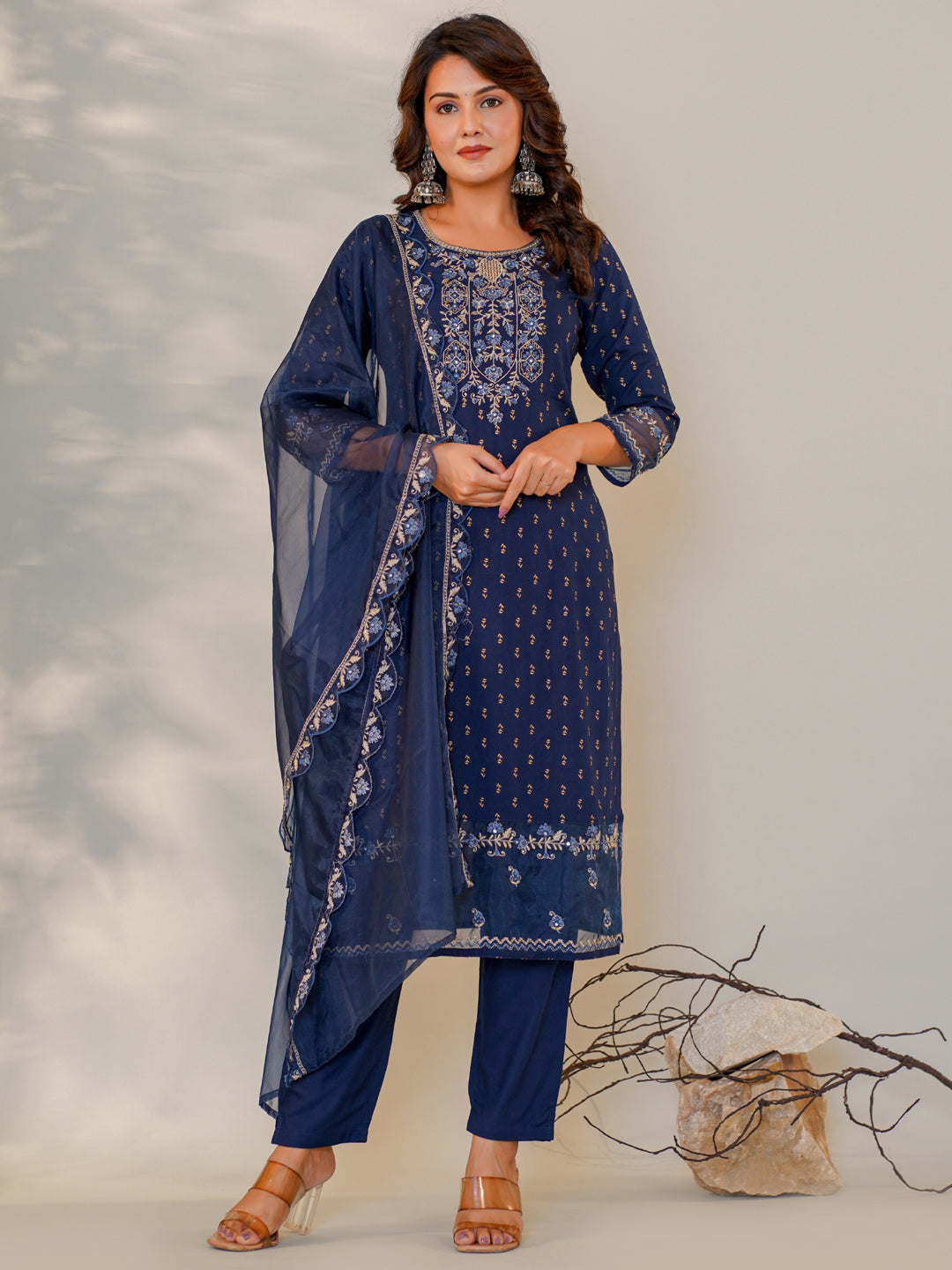 Straight Style Rayon Fabric Navy Blue Color Embroidered Kurti With Palazzo And Dupatta