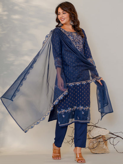 Straight Style Rayon Fabric Navy Blue Color Embroidered Kurti With Palazzo And Dupatta