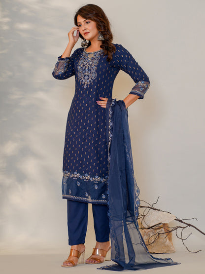 Straight Style Rayon Fabric Navy Blue Color Embroidered Kurti With Palazzo And Dupatta