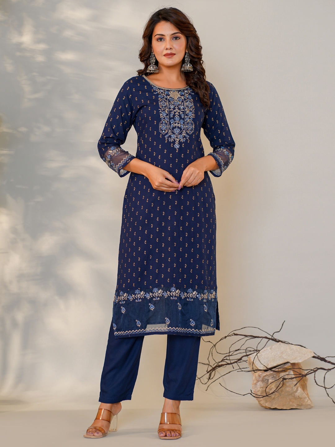 Straight Style Rayon Fabric Navy Blue Color Embroidered Kurti With Palazzo And Dupatta