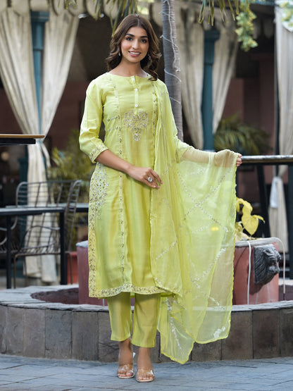 Straight Style Silk Fabric Green Color Embroidered Kurti With Palazzo And Dupatta