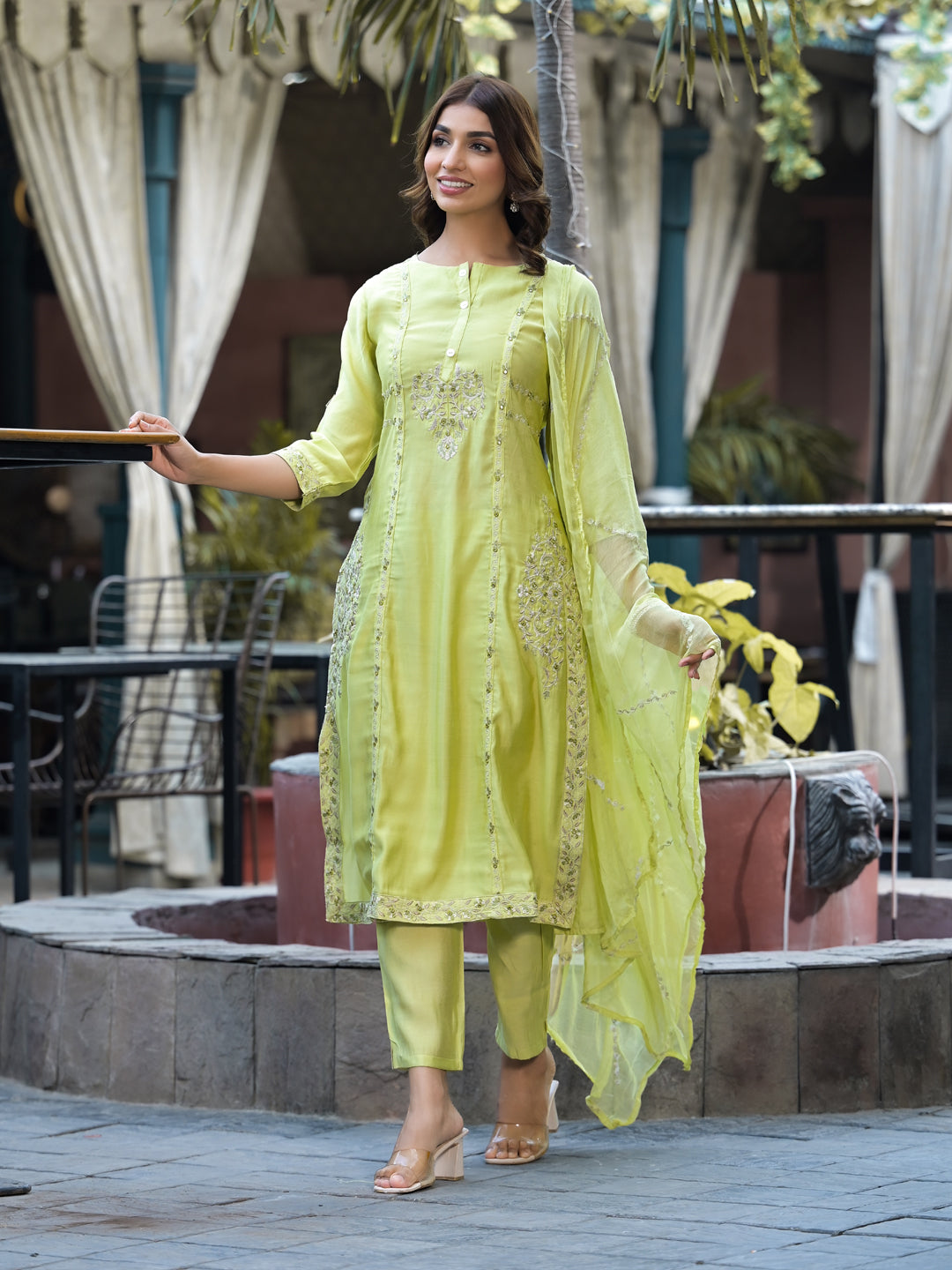 Straight Style Silk Fabric Green Color Embroidered Kurti With Palazzo And Dupatta