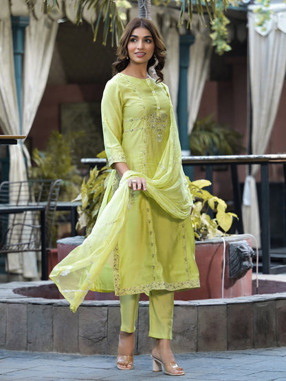 Straight Style Silk Fabric Green Color Embroidered Kurti With Palazzo And Dupatta