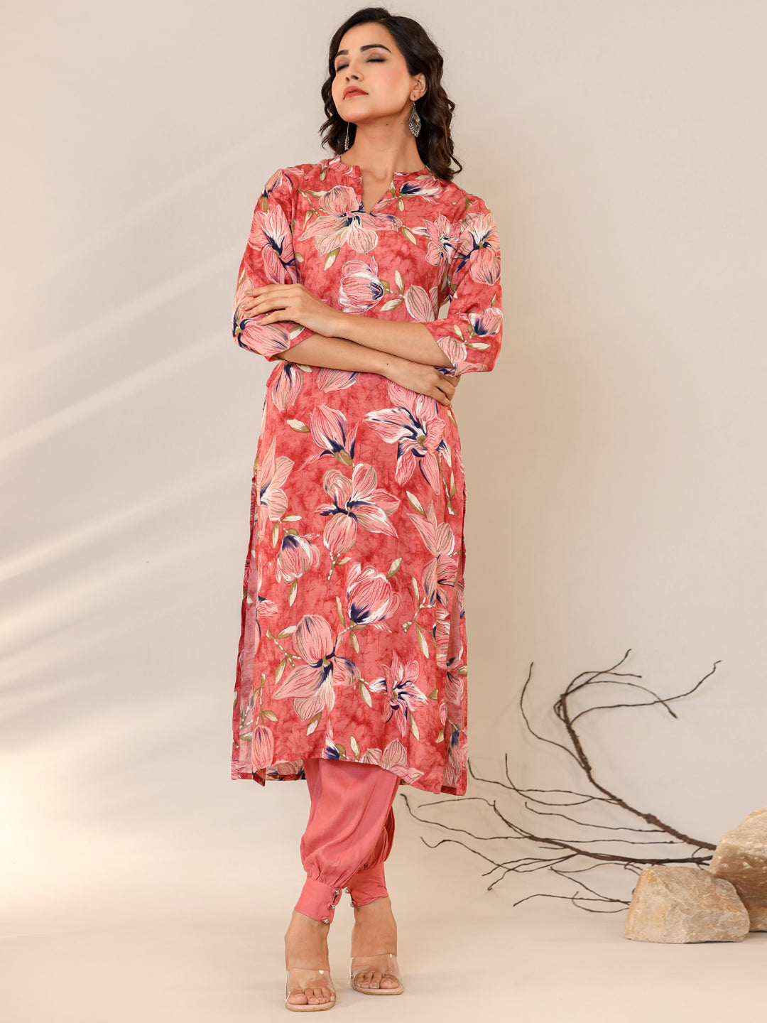 Straight Style Silk Fabric Mauve Color Floral Printed Kurti And Bottom With Beads Work