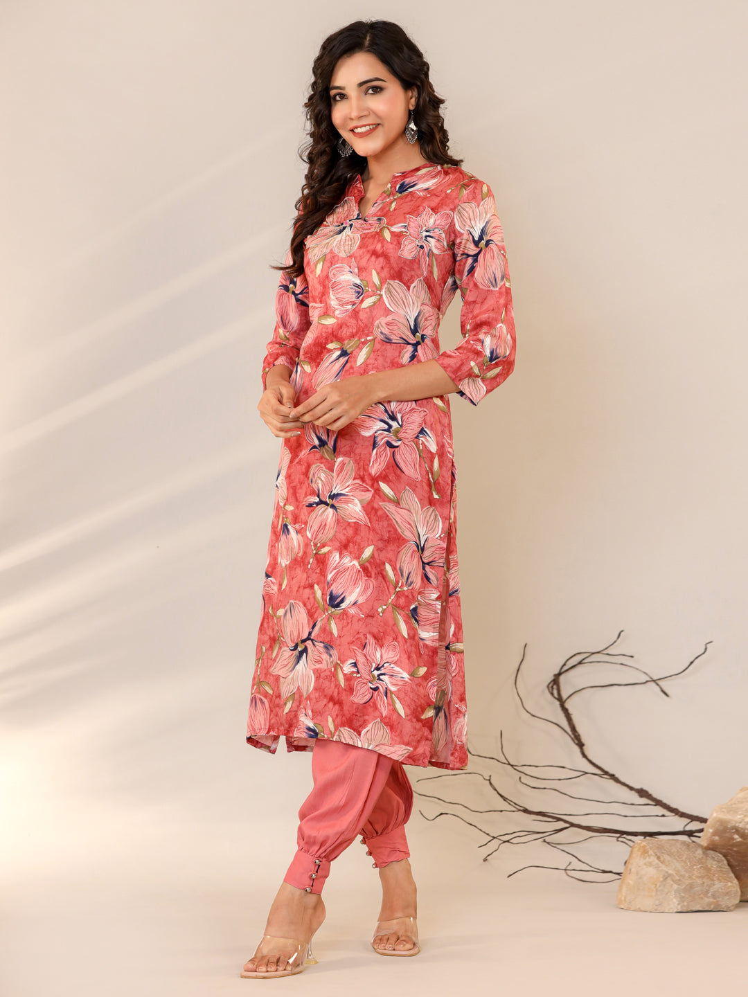 Straight Style Silk Fabric Mauve Color Floral Printed Kurti And Bottom With Beads Work