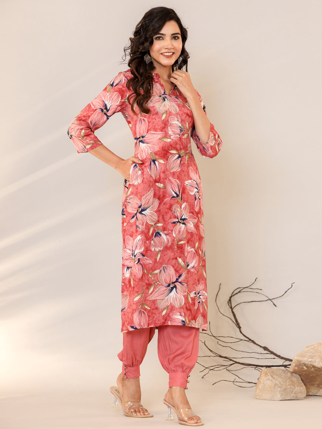 Straight Style Silk Fabric Mauve Color Floral Printed Kurti And Bottom With Beads Work