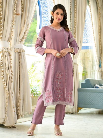 Straight Style Silk Fabric Mauve Color Kurti With Palazzo And Dupatta With Lace And Patch Work