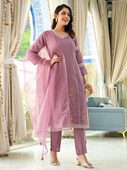 Straight Style Silk Fabric Mauve Color Kurti With Palazzo And Dupatta With Lace And Patch Work