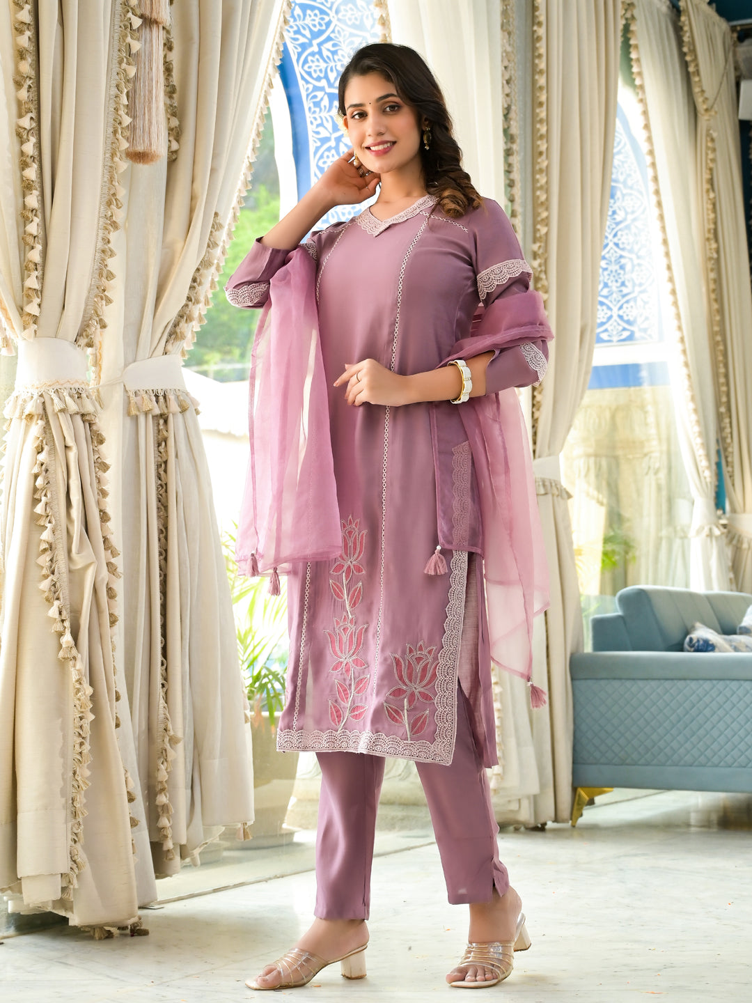 Straight Style Silk Fabric Mauve Color Kurti With Palazzo And Dupatta With Lace And Patch Work