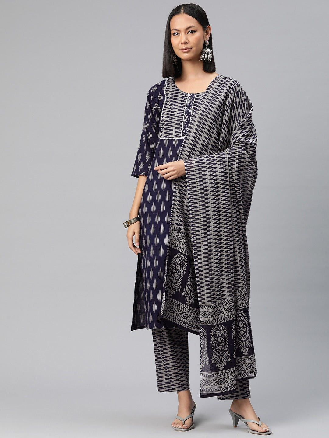 Straight Style Cotton Fabric Navy Blue Color Printed Kurti With Palazzo And Dupatta