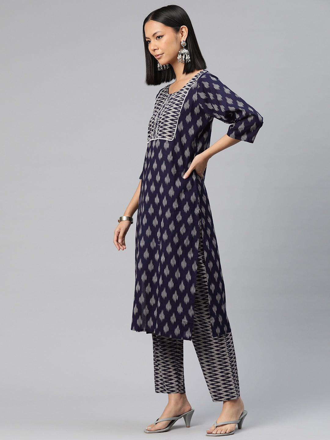 Straight Style Cotton Fabric Navy Blue Color Printed Kurti With Palazzo And Dupatta