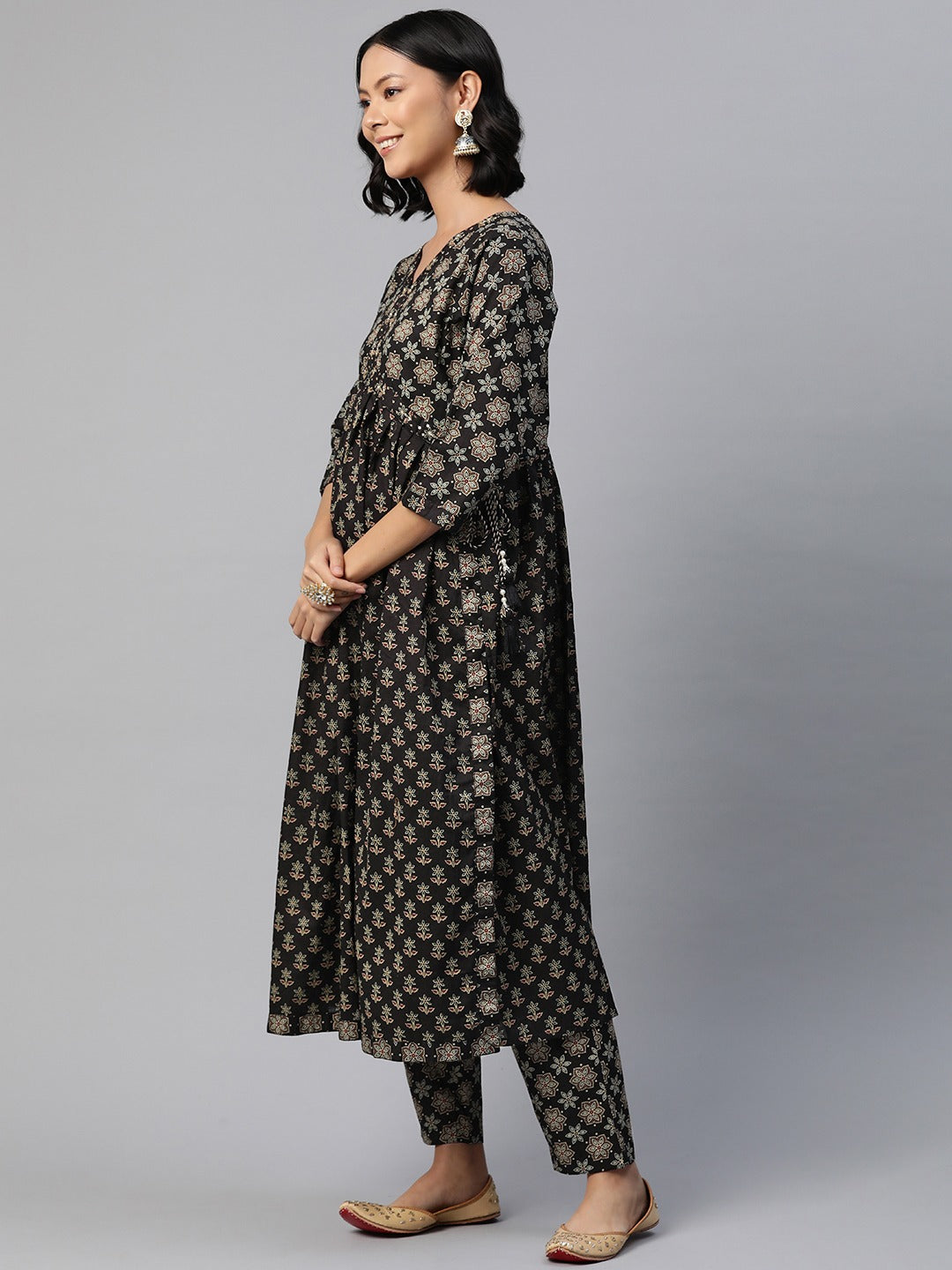 Anarkali Style Cotton Fabric Black Color Printed Kurti With Palazzo And Dupatta