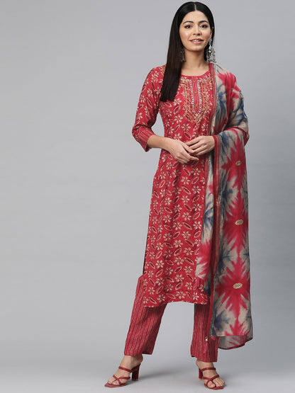 Straight Style Silk Fabric Red Color Floral Printed Kurti With Palazzo And Dupatta With Foil Print Work