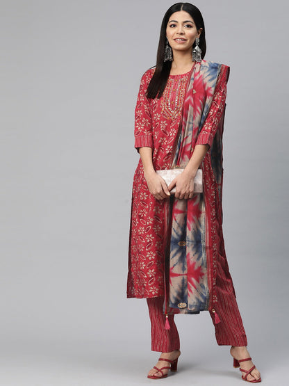 Straight Style Silk Fabric Red Color Floral Printed Kurti With Palazzo And Dupatta With Foil Print Work