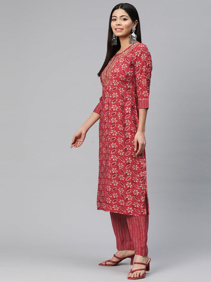 Straight Style Silk Fabric Red Color Floral Printed Kurti With Palazzo And Dupatta With Foil Print Work