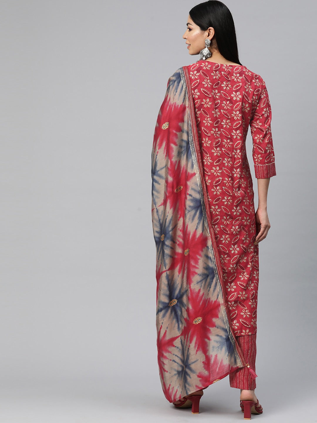 Straight Style Silk Fabric Red Color Floral Printed Kurti With Palazzo And Dupatta With Foil Print Work