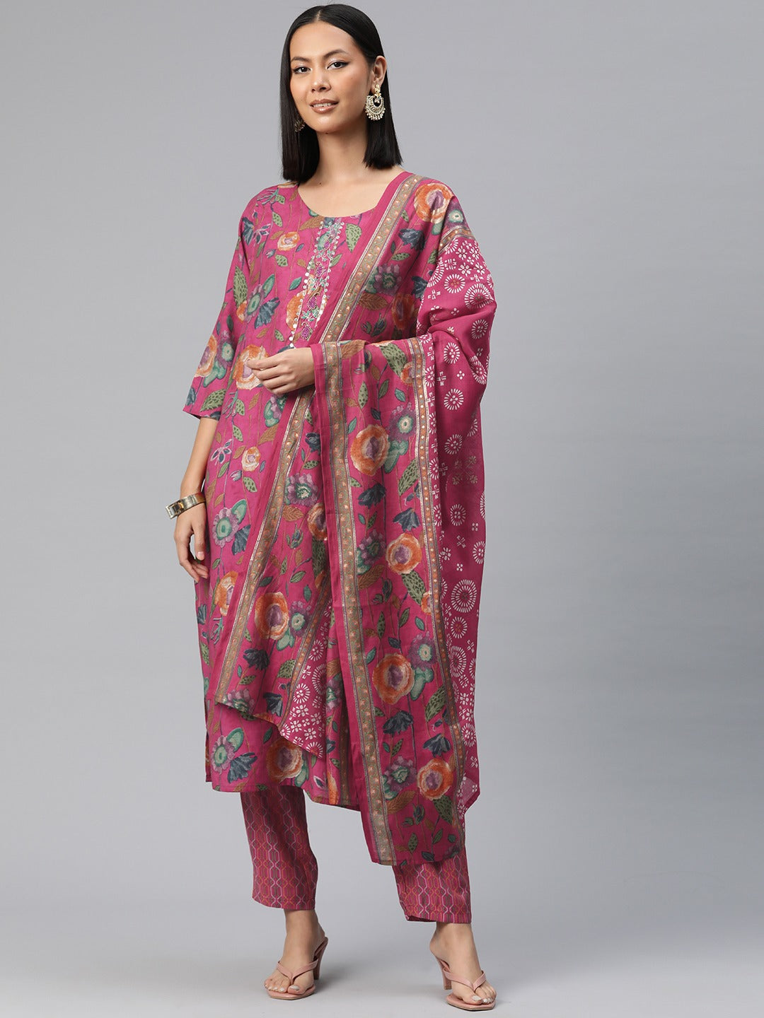 Straight Style Silk Fabric Pink Color Floral Printed Kurti With Palazzo And Dupatta With Beads Work