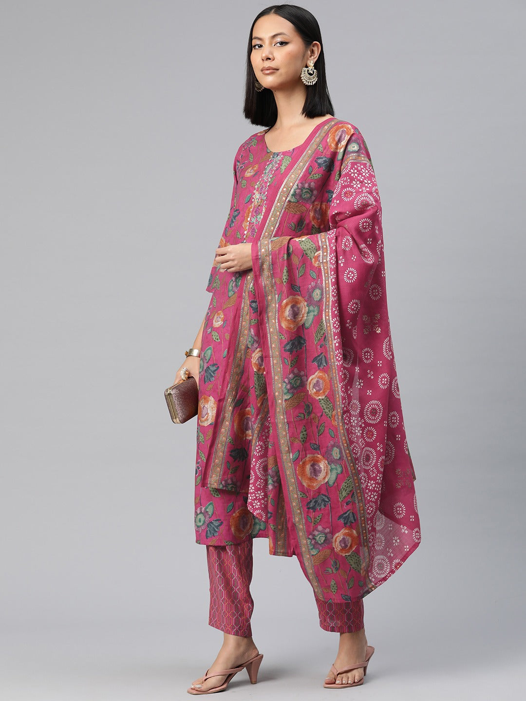 Straight Style Silk Fabric Pink Color Floral Printed Kurti With Palazzo And Dupatta With Beads Work